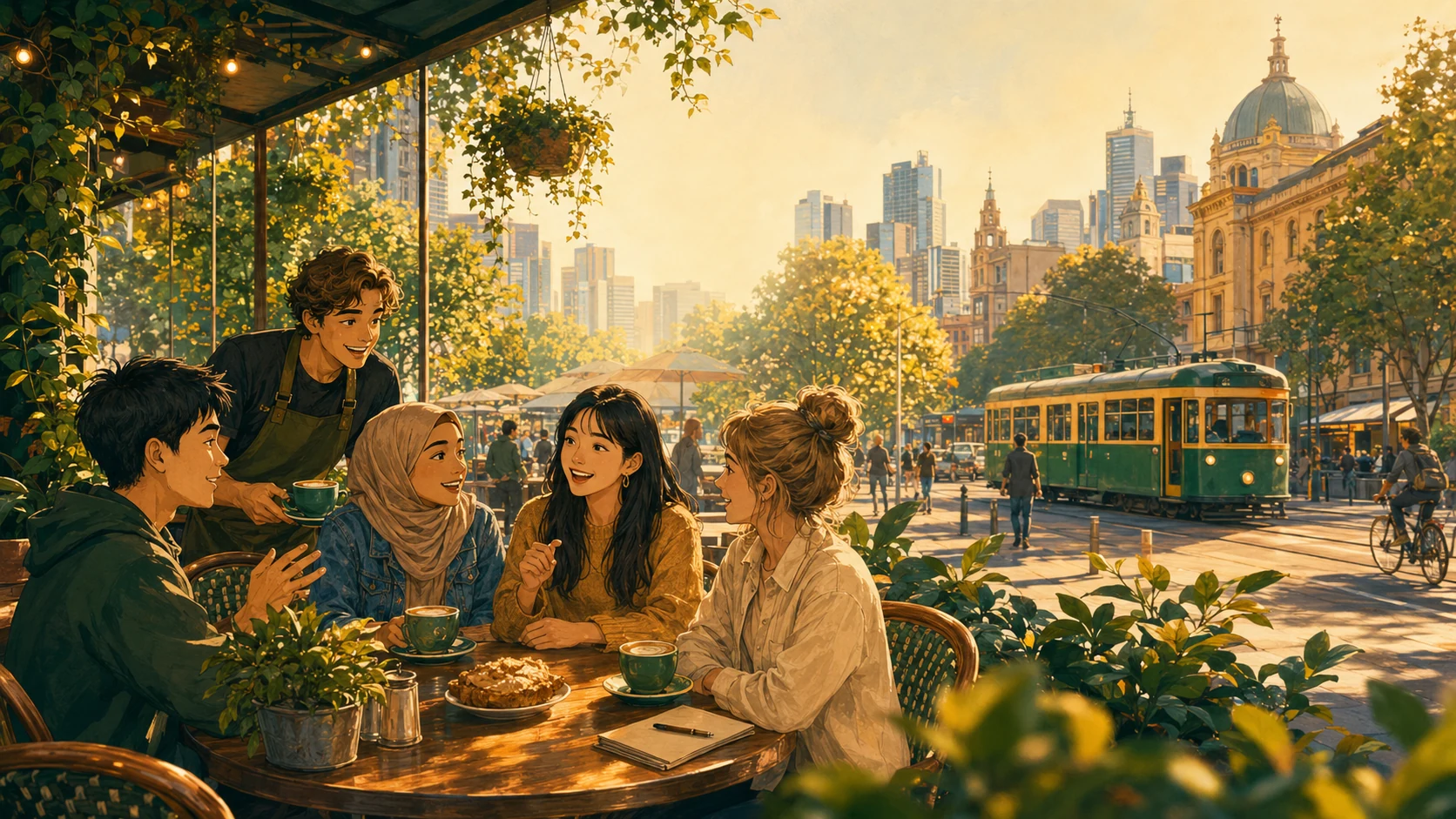 Chatsifieds homepage hero showing diverse learners and locals at a Melbourne café, learning English through real Australian life.