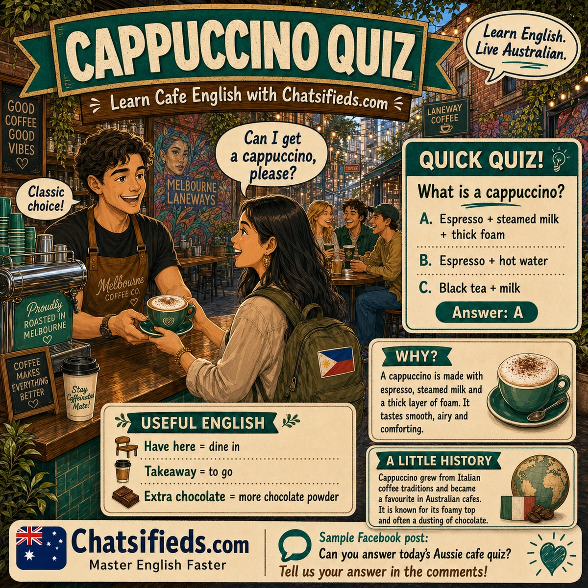 Cappuccino coffee lesson for learning Australian café English