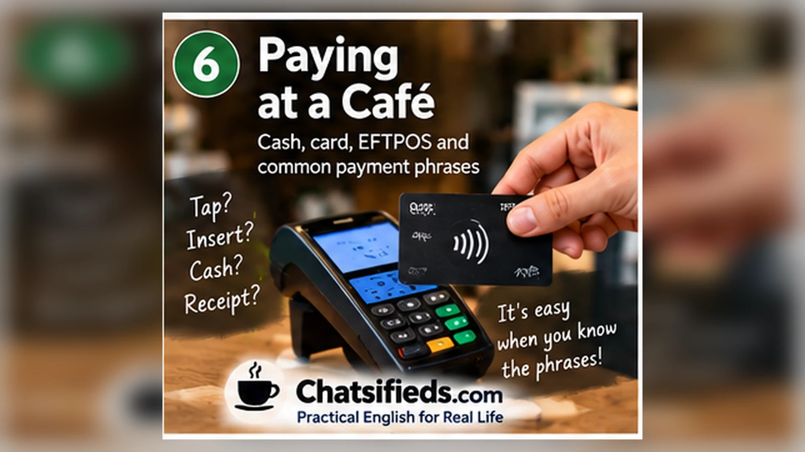 Customer paying at an Australian café by card while learning payment English with Chatsifieds.com