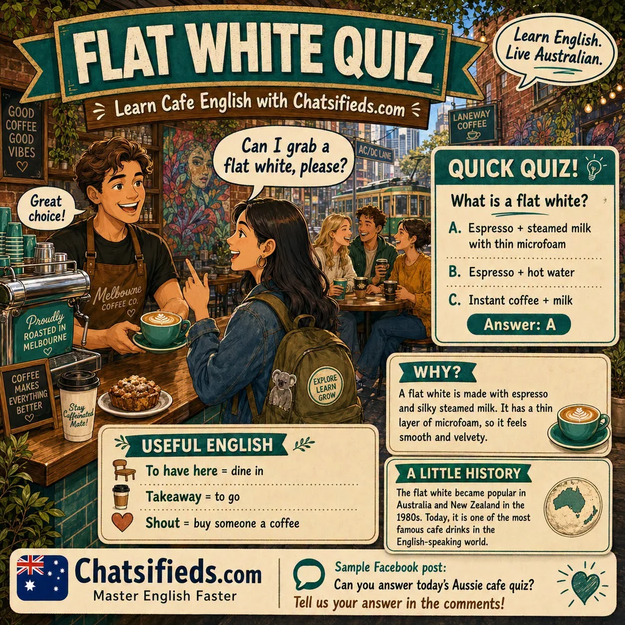 Flat white coffee lesson for learning Australian café English