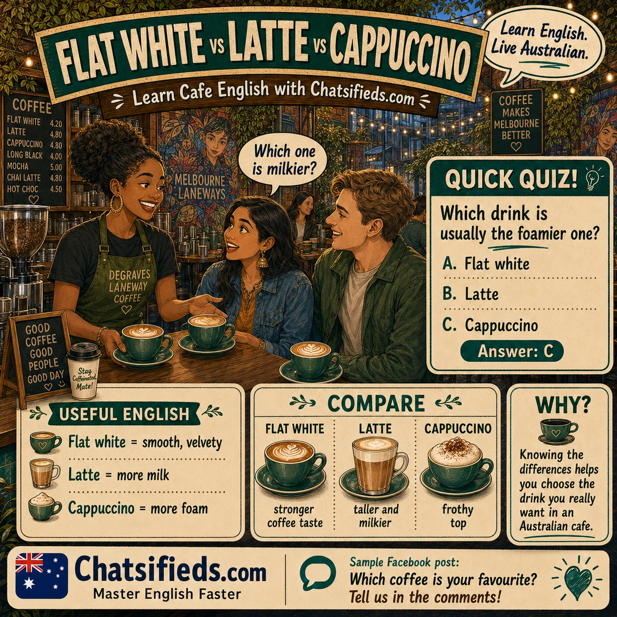 Flat white, latte and cappuccino Australian café English guide