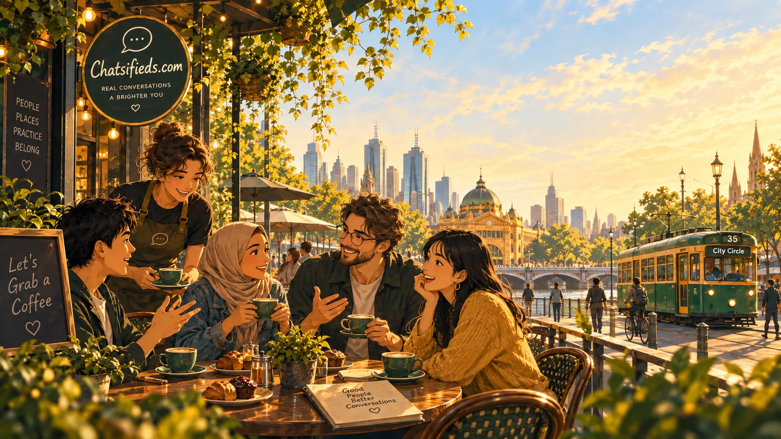 What “grab a coffee” means in Australian English | Chatsifieds.com Friends having an informal coffee catch-up in Melbourne, showing what “grab a coffee” means in Australian social English with Chatsifieds.com