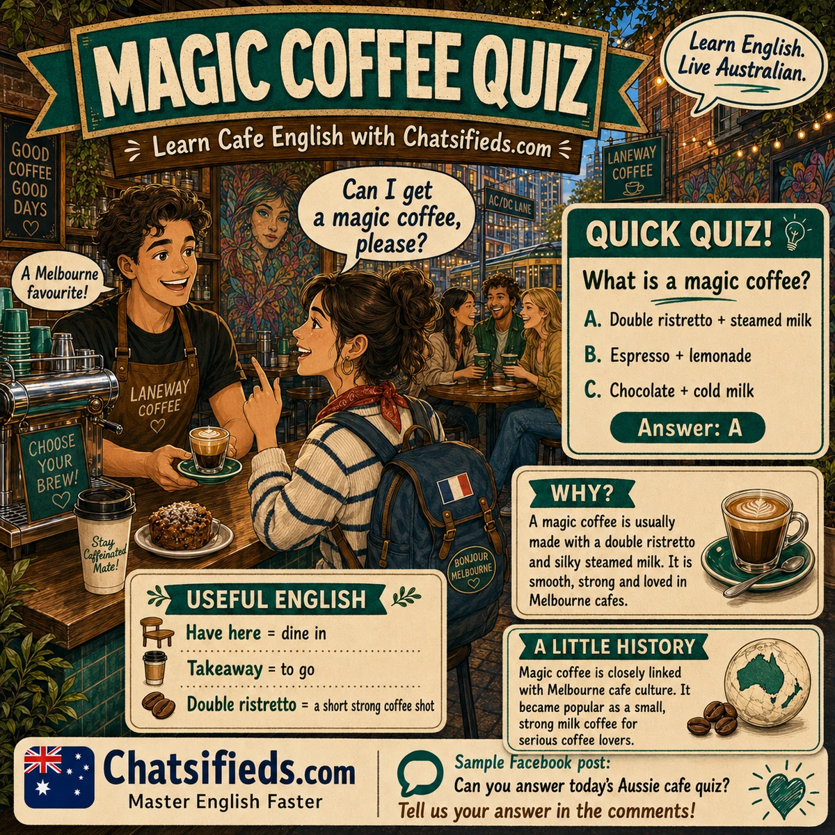 Melbourne magic coffee Australian café English lesson