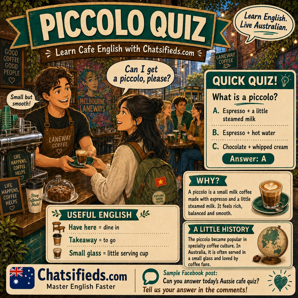 Piccolo coffee Australian café English lesson